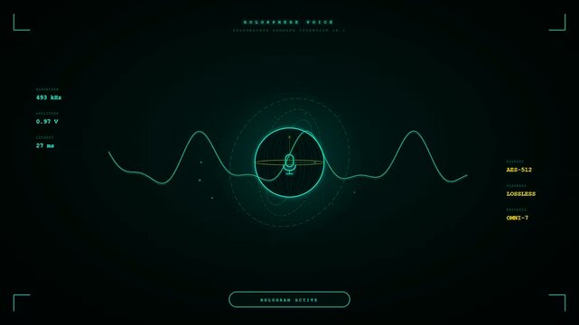 A glowing green voice command interface pulses with rhythmic sine waves and oscillating technical data overlays across a dark screen as the digital assistant processes audio input.