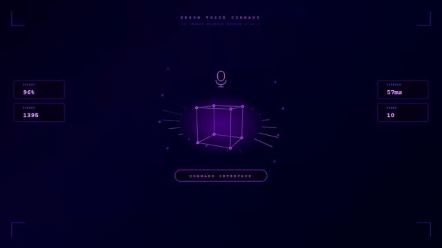 A sleek purple neon Voice Command Interface displays a rotating 3D wireframe cube alongside digital readouts for seamless artificial intelligence processing in real time.