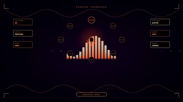 A sleek orange and black voice command interface displays dynamic audio waveforms and signal processing levels as a sophisticated digital voice assistant responds to human speech.