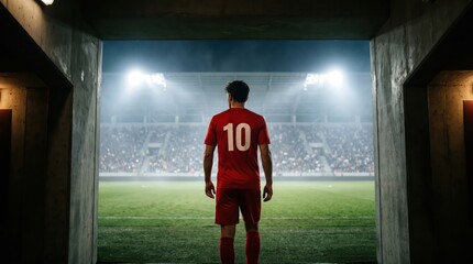 Fototapeta premium Soccer player in red number 10 kit standing at rectangular stadium tunnel