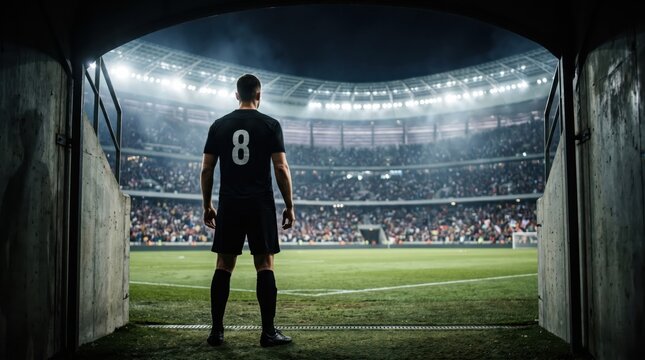 Soccer player in black number 8 kit at arched stadium entrance