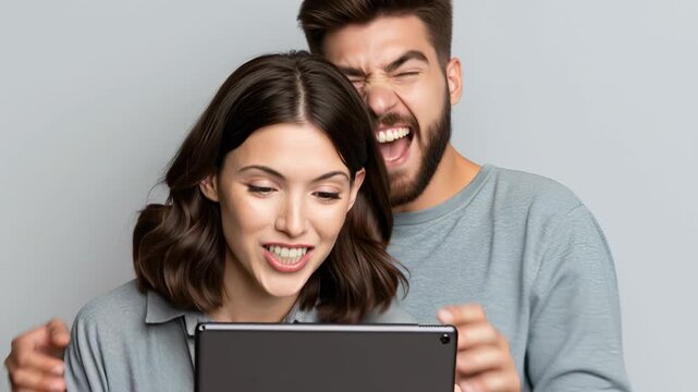 This captures the surprise and shock reaction of a young couple as they look at a tablet screen. Their wide eyes and open mouths convey strong emotions of amazement or excitement, making it themes rel