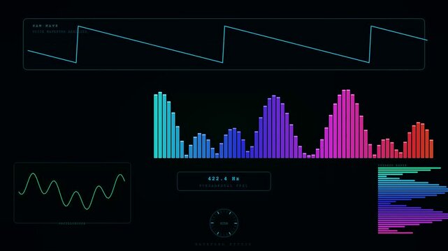An advanced voice command interface displays dynamic audio spectrum waves and digital frequency analysis across a dark futuristic dashboard for modern high tech data visualization software.