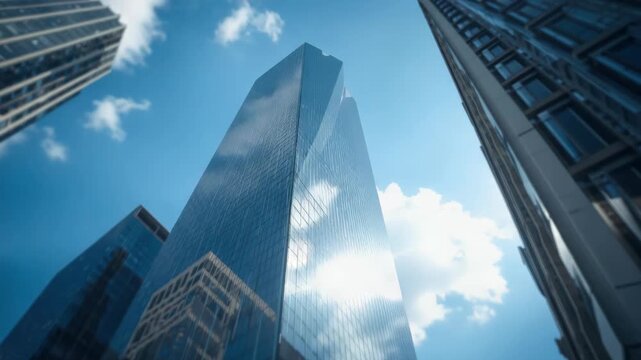 Glass skyscraper reflecting blue sky and clouds with sunlight glare and surrounding highrise