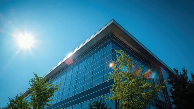 Modern glass office building corner with sun flare and green trees under bright blue sky day