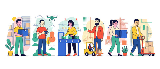 Fototapeta premium Logistics and Warehouse Workers Operations Set, Modern Supply Chain Workflow, Distribution Center Staff Managing Cargo, Shipping and Inventory Automation, Professional Teamwork Flat Vector Illustratio