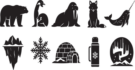 Collection of Black Silhouette Arctic Animal and Winter Icons: Polar Bear, Penguins, Walrus, Arctic Fox, Narwhal, Iceberg, Snowflake, Igloo, Thermos, and Aurora Borealis Vector Graphics © Sadek