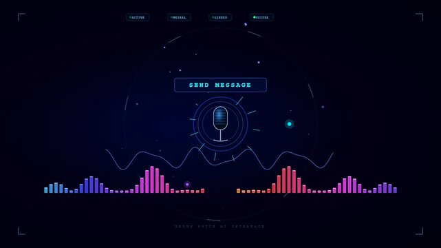 Dynamic frequencies fluctuate across this voice command interface while a central microphone pulses during automated requests to call home or transmit digital messages to others.