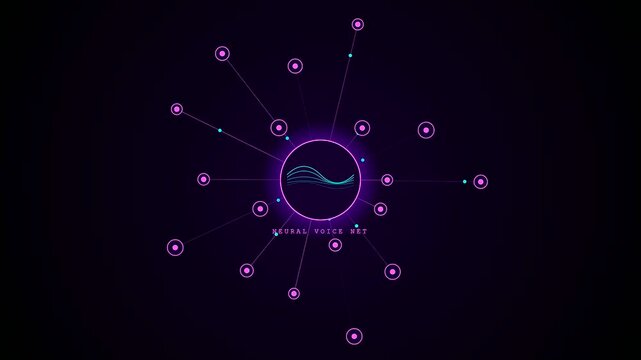 A futuristic glowing voice command interface pulses with vibrant purple and cyan light as data nodes connect in a complex neural network representing artificial intelligence.
