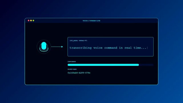 A futuristic digital voice command interface displays real time speech transcription with an animated progress bar and glowing cyan data elements on a dark blue background