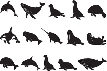 Marine Mammals Silhouette Vector Collection featuring Whale, Dolphin, Orca, Seal, Sea Lion, Walrus, Narwhal, and Manatee. Ideal for Ocean Life Illustration and Educational Projects. © Sadek
