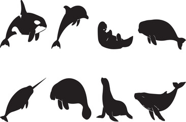 Collection of Black Marine Mammal Silhouettes Featuring Orca Killer Whale, Dolphin, Sea Otter, Dugong, Narwhal, Manatee, Sea Lion, and Humpback Whale for Nautical Designs and Sea Life Art. © Sadek