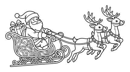 Santa claus in sleigh with reindeer black and white line art © mdshawon
