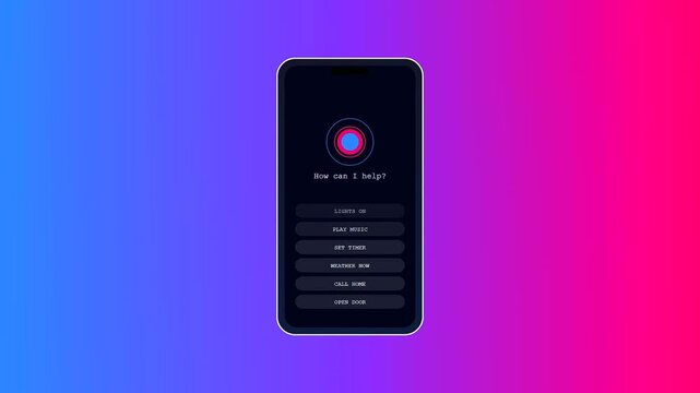 A digital smartphone displaying a glowing voice command interface features interactive smart home buttons animating over a colorful purple and blue gradient background for modern tech.