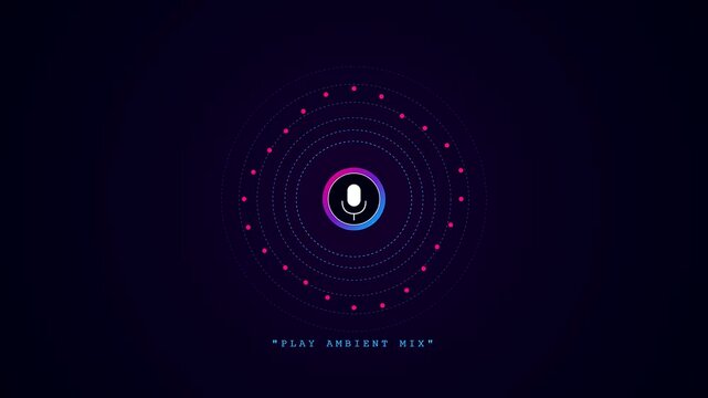 This futuristic voice command interface features a glowing microphone icon surrounded by pulsing circles and dots that react to audio frequencies in a sleek dark environment.