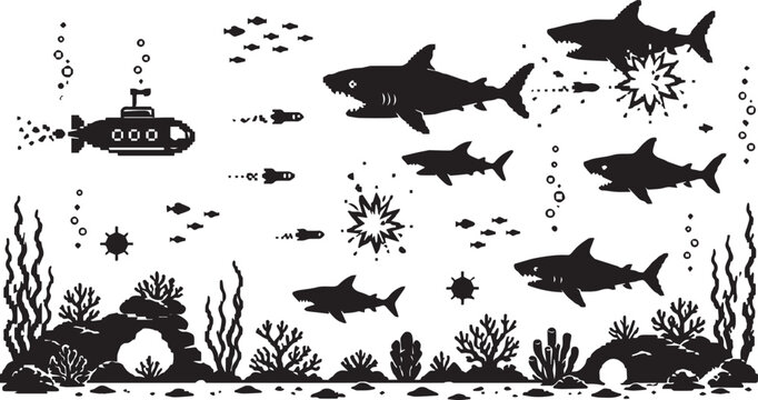 Retro Pixel Art Underwater Battle Scene with Submarine Firing Torpedoes at Great White Sharks, 8-Bit Arcade Video Game Style Vector Illustration Silhouette Featuring Coral Reef and Mines.