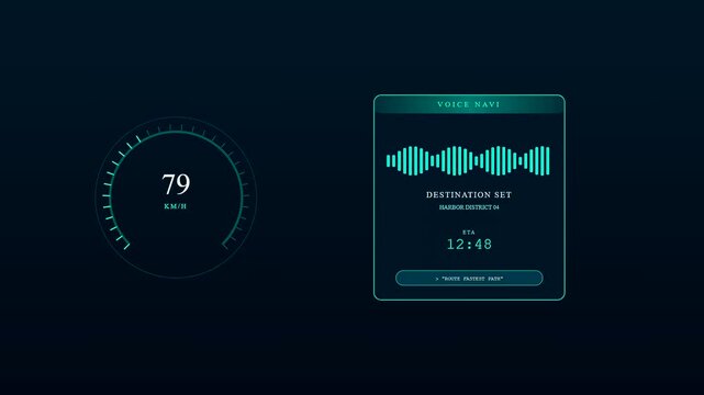 The glowing Voice Command Interface fluctuates as the digital speedometer shifts between different speeds on this futuristic automotive heads up display for smart driving.