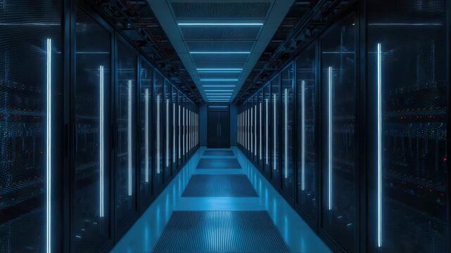 Futuristic server room corridor with glowing blue lights, reflective racks and sleek data cabinet