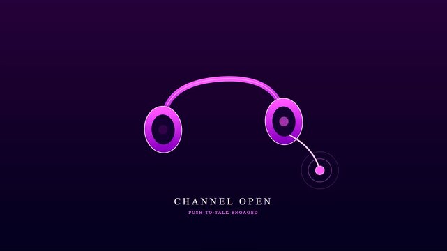 This futuristic and glowing purple voice command interface shows a headset icon with a pulsing microphone dot indicating that the channel is open for communication.