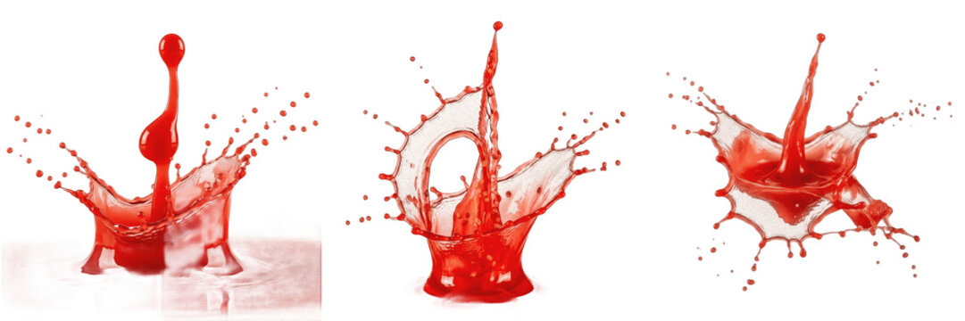 Red liquid splash set with dynamic juice crown drops and realistic paint bursts, glossy cherry or tomato fluid explosion isolated on transparent background, high-quality beverage or cosmetic PNG eleme