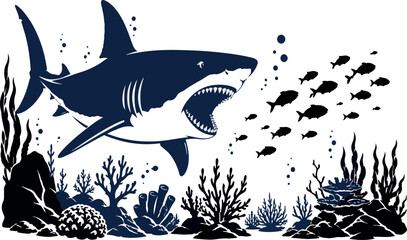 Scary Shark Underwater Scene Vector Art - Fierce Great White Predator with Open Mouth Chasing Small Fish School - Coral Reef and Sea Life Silhouette Graphic for Stickers and Prints. © Sadek