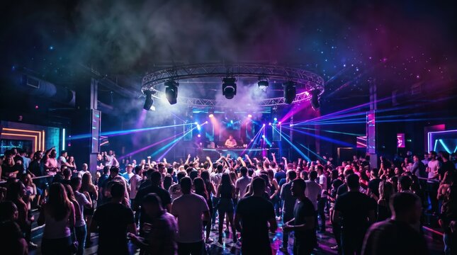 DJ performing in crowded nightclub with lasers and smoke