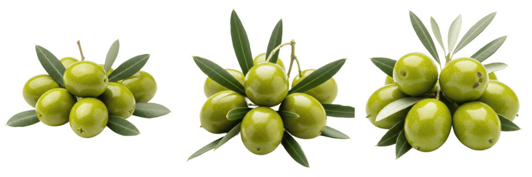 Fresh green olives set with organic leaves on branches, raw glossy olive piles isolated on transparent background, high-quality agricultural fruit PNG clip art collection for extra virgin olive oil pr