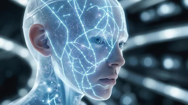 Ethereal android face with glowing neural circuitry and soft blue lighting reflective translucent