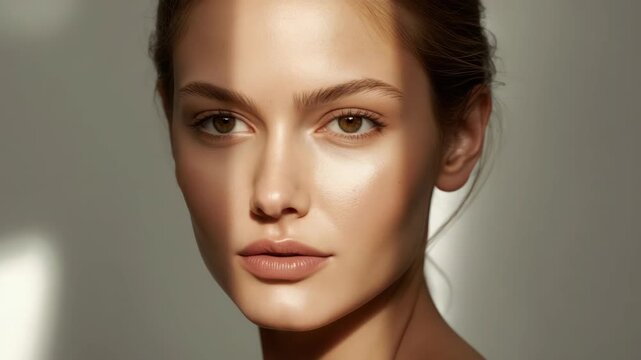 Young woman close up portrait with natural light face, soft neutral makeup, radiant natural beauty