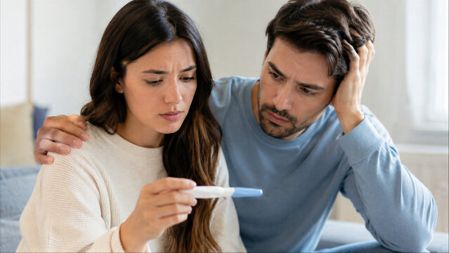 Sad young couple looking at negative pregnancy test result at home, feeling disappointed and worried about infertility struggles