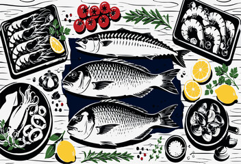Naklejka premium Premium Seafood Vector Art Featuring Raw Fish, Prawns, Calamari, and Mediterranean Cooking Ingredients like Lemon, Herbs, and Cherry Tomatoes on a Rustic White Wood Texture Background.