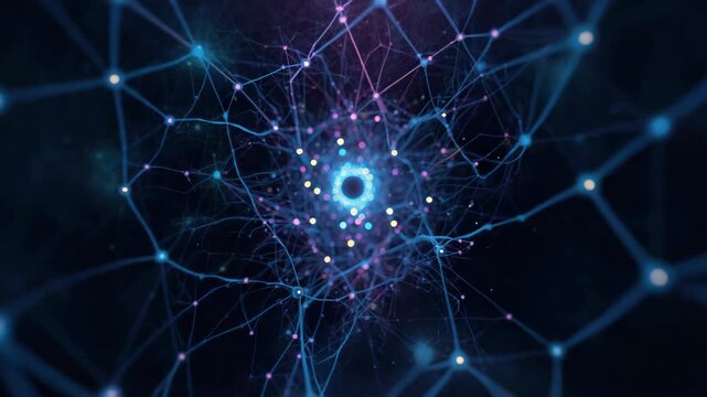 Neural network visualization glowing core with interconnected nodes and dynamic fibers surrounding