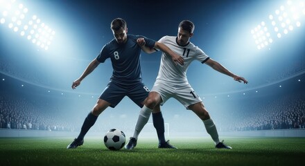 Naklejka premium Two soccer players contesting ball in floodlit stadium