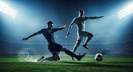 Naklejka premium Sliding tackle during soccer match in stadium