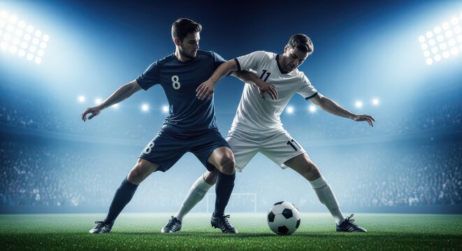 Two soccer players fighting for possession in stadium