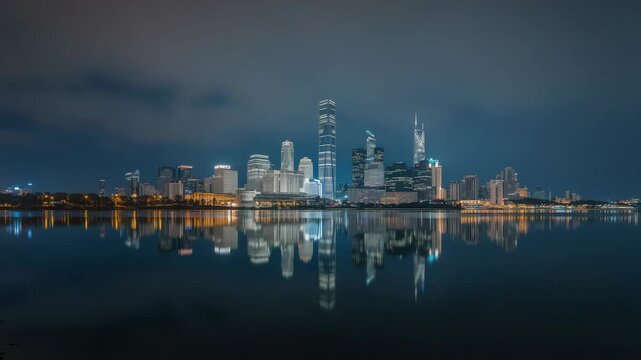 Night skyline reflection over calm river with illuminated modern skyscraper cityscape reflected