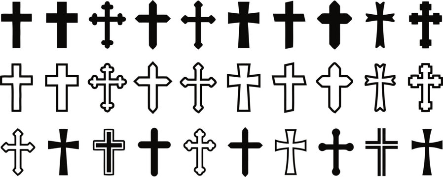 Collection of various cross symbols in black and white silhouette