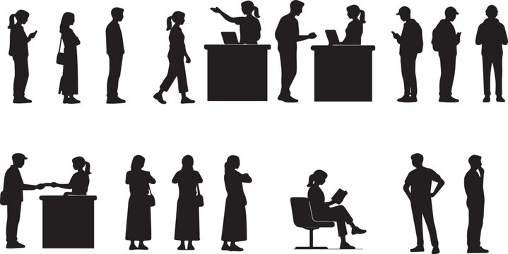 Collection of People Silhouettes in Queue and at Service Counters, Set of Flat Vector Icons Representing Customers Waiting in Line, Reception Desk Interactions, and Daily Public Activity