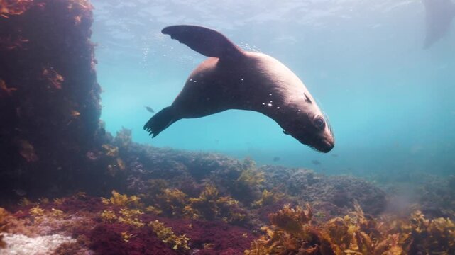 Graceful sea lion swimming underwater over a colorful red rocky reef in clear blue ocean water