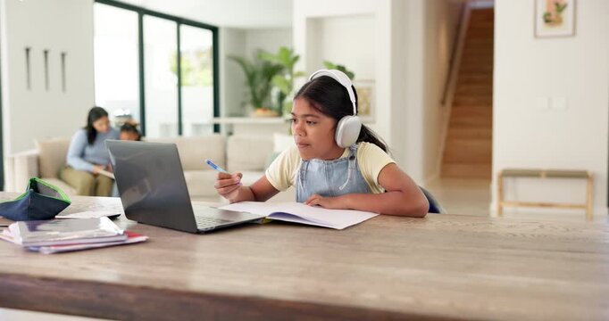 Laptop, headphones and child with elearning in house with studying for test, quiz or homework. Audio tech, computer and girl student with virtual lesson for writing notes in online class in apartment