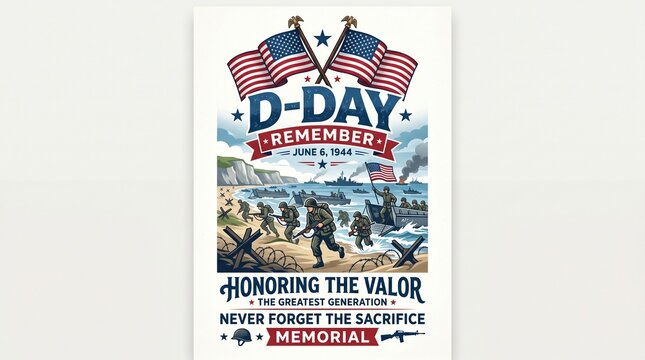 Commemorative D-Day memorial poster honoring the valor of allied soldiers
