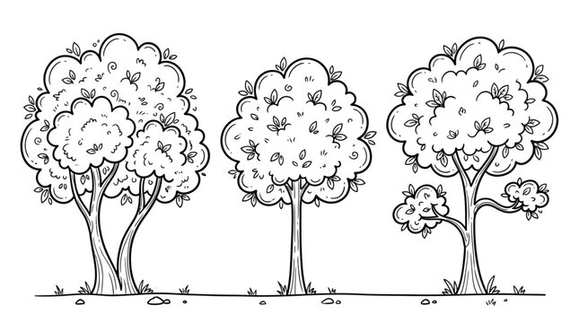 Cartoon trees with fluffy clouds for kids coloring book