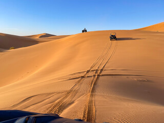 Off road vehicles crossing golden desert dunes under clear blue sky adventurous travel scene with tire tracks in vast sandy landscape, in Erg Chebbi in Sahara desert, Merzouga, Morocco © Javier
