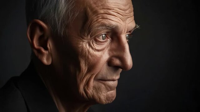 Elderly man portrait with thoughtful expression and dramatic side lighting, detailed wrinkles