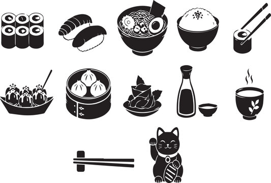 Comprehensive Collection of Japanese Cuisine and Cultural Icons Featuring Sushi, Ramen, Takoyaki, Dim Sum, Green Tea, Soy Sauce, and Lucky Cat Maneki-Neko Vector Illustration Set for Design