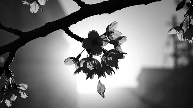 Black and white close up of a cherry blossom branch with a petal falling gracefully towards a bright background, sunlight, and fog.