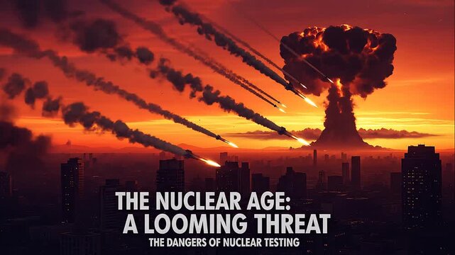 Destructive nuclear missiles launching toward a giant mushroom cloud explosion
