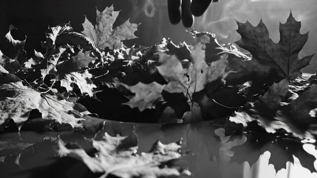 Black and white still life with maple leaves in a bowl, reflections, and atmospheric lighting during autumn
