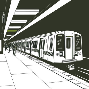 Modern Metro Train with Glowing Headlights in Atmospheric Underground Transit Hub.