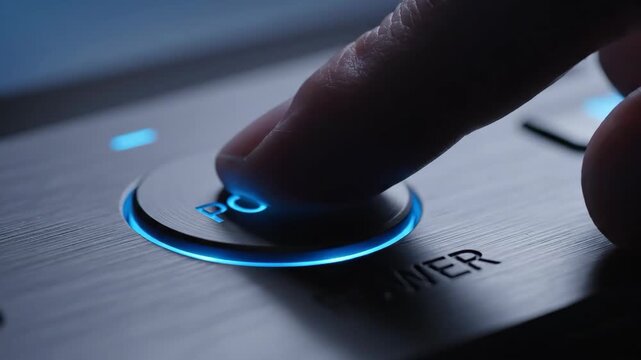 Finger pressing power button with red and blue light, close-up shot of power button.